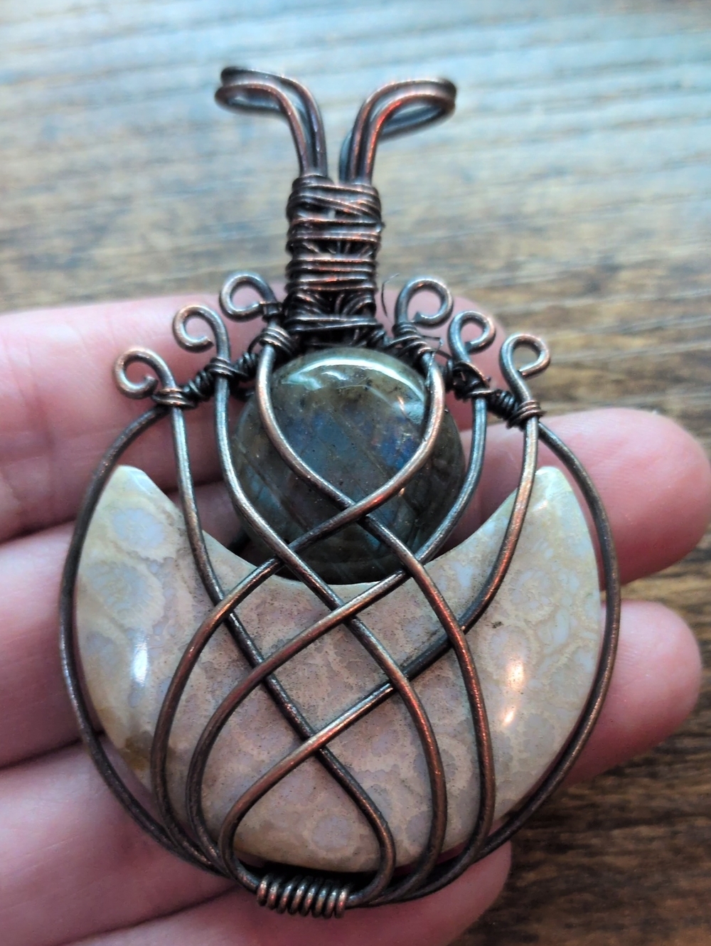Handcrafted Copper Wire Wrapped Fossil Coral Pendant Blue Labradorite